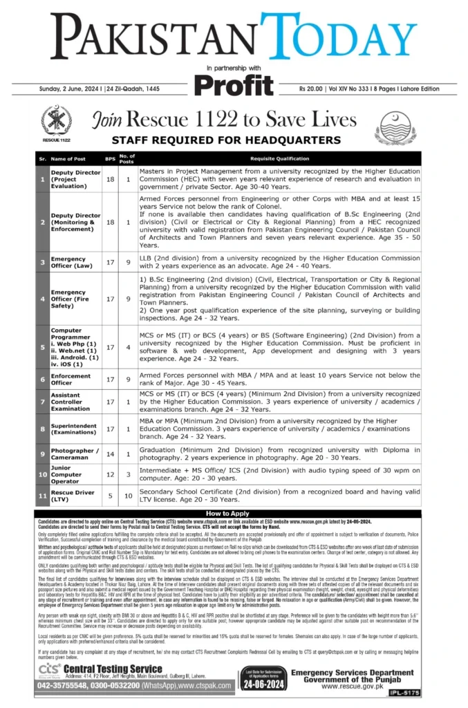 Rescue 1122 Jobs 2024 For Female Online Apply