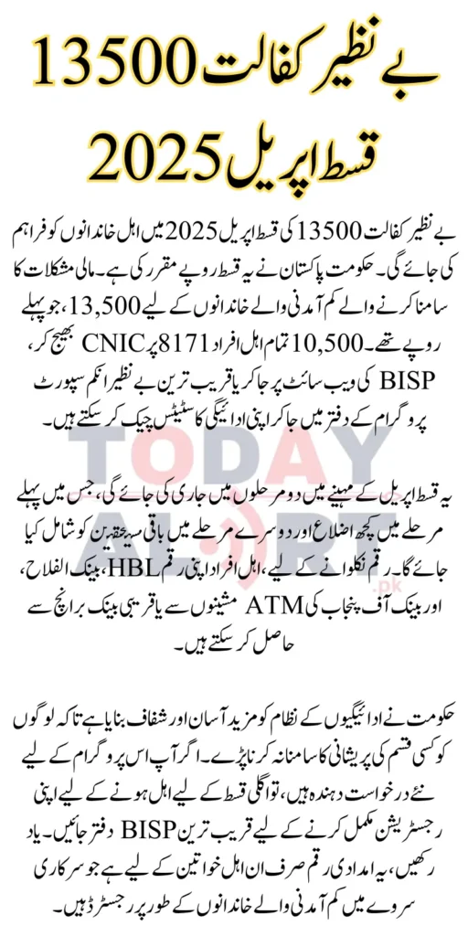 Benazir Kafalat 13500 Installment April 2025 Status Check & Payment Details